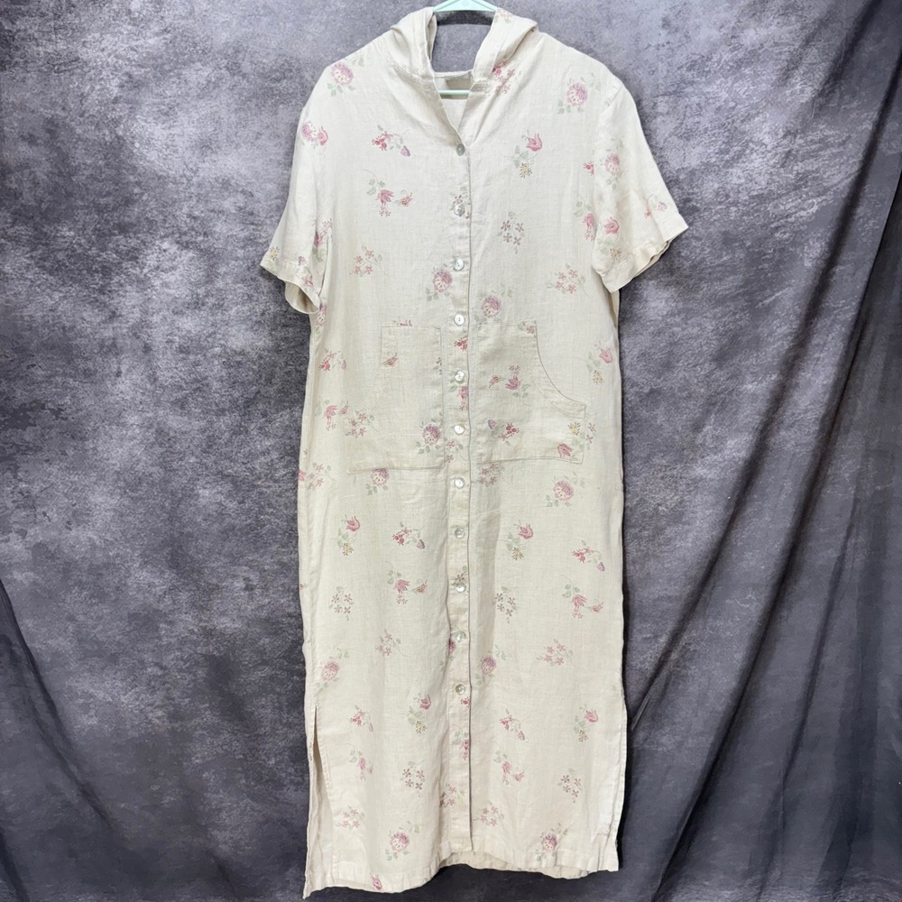 VTG Match 100% Linen Maxi Dress Sz 8 Beige Floral Hooded Button Front Lagenlook